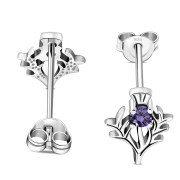 Amethyst CZ Thistle Stud Silver Earrings, e342